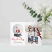 かわいい水色ペンギン雪のグローブ写真 シーズンポストカード (スタンド正面)