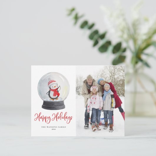 かわいい水色ペンギン雪のグローブ写真 シーズンポストカード (スタンド正面)