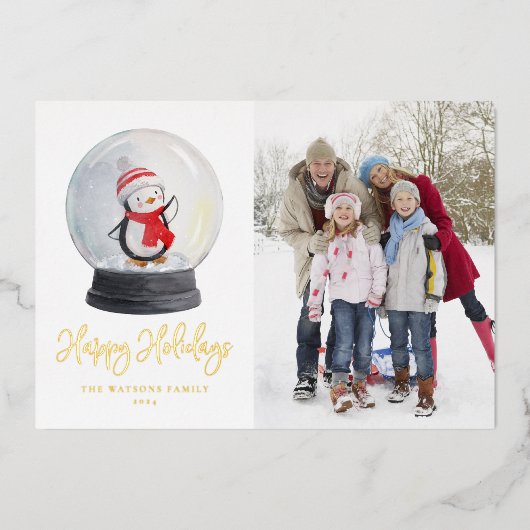 かわいい水色ペンギン雪のグローブ写真 箔シーズンカード (正面)