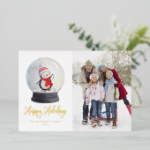 かわいい水色ペンギン雪のグローブ写真 箔シーズンカード (立ち正面)