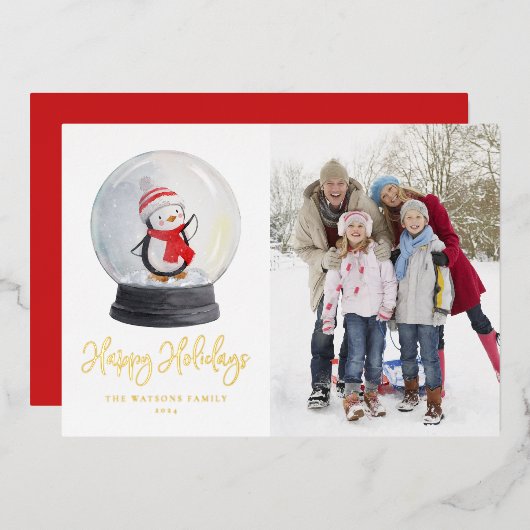 かわいい水色ペンギン雪のグローブ写真 箔シーズンカード (正面/裏面)