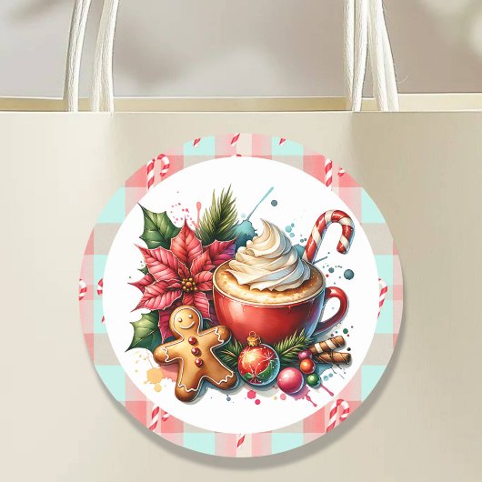 かわいい水色ホットココア、キャンディカンとクッキー ラウンドシール