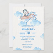 かわいい水色ホワイトペンギンパイロット 招待状 (正面)