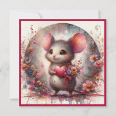 かわいい水色マウス赤いハートフローラバレンタイン シーズンカード (正面)