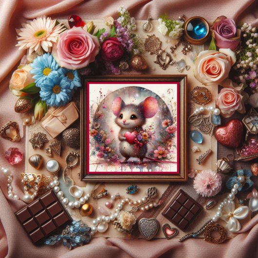 かわいい水色マウス赤いハートフローラバレンタイン シーズンカード