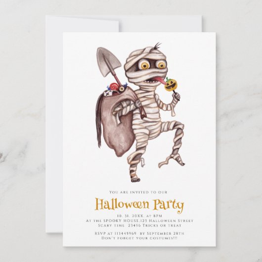 かわいい水色ミイラのハロウィーン招待状 招待状 (正面)
