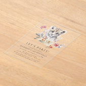 かわいい水色ユキヒョウ冬の誕生日パーティー アクリル招待状 (レイダウン)