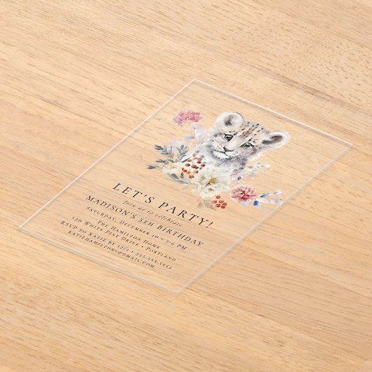 かわいい水色ユキヒョウ冬の誕生日パーティー アクリル招待状 (レイダウン)