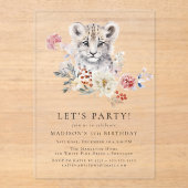 かわいい水色ユキヒョウ冬の誕生日パーティー アクリル招待状 (正面)