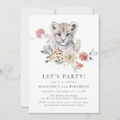 かわいい水色ユキヒョウ冬の誕生日パーティー 招待状 (正面)