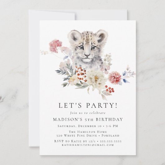 かわいい水色ユキヒョウ冬の誕生日パーティー 招待状 (正面)