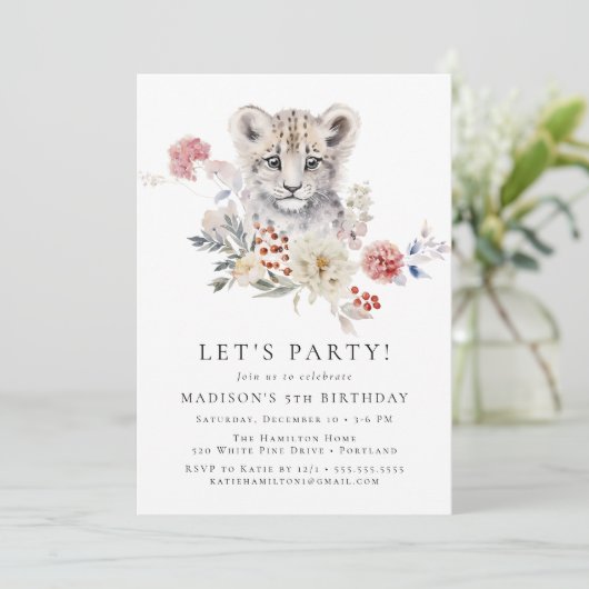 かわいい水色ユキヒョウ冬の誕生日パーティー 招待状 (スタンド正面)