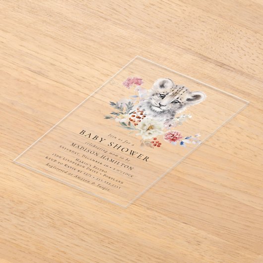 かわいい水色ユキヒョウ冬の赤ちゃんシャワー アクリル招待状 (レイダウン)