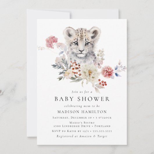 かわいい水色ユキヒョウ冬の赤ちゃんシャワー 招待状 (正面)