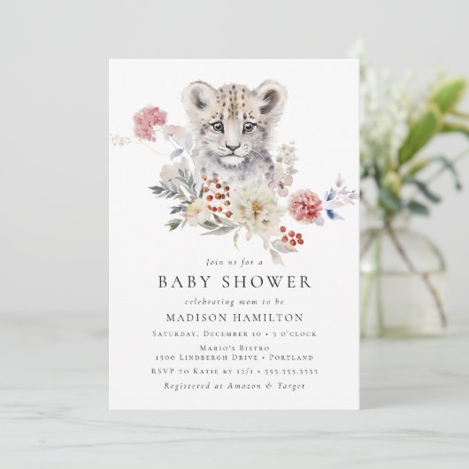 かわいい水色ユキヒョウ冬の赤ちゃんシャワー 招待状 (スタンド正面)