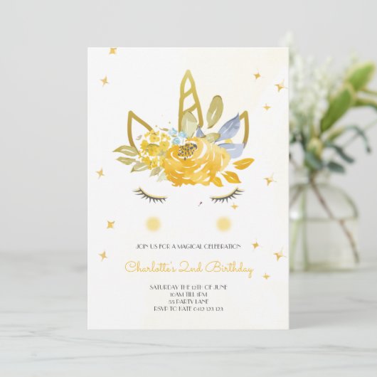 かわいい水色ユニコーンイエロー招待状 招待状 (スタンド正面)