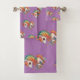 かわいい水色ユニコーン，ラベンダー バスタオルセット