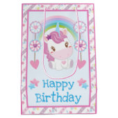 かわいい水色ユニコーン&レインボー誕生日 ミディアムペーパーバッグ (裏面)
