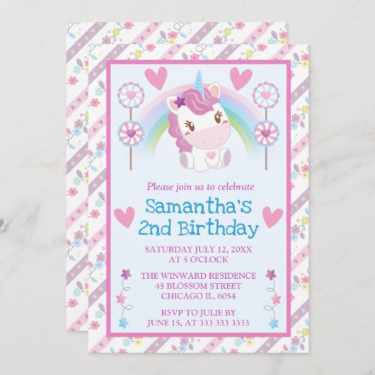 かわいい水色ユニコーン&レインボー誕生日 招待状 (正面/裏面)