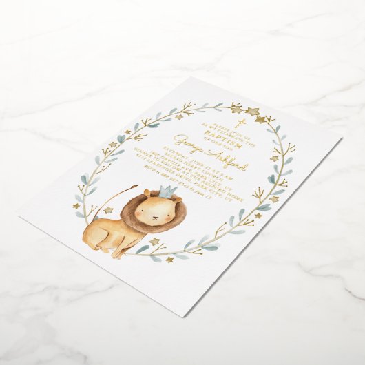 かわいい水色ライオンプリンス男の赤ちゃんバプテスマ 箔招待状 (回転した状態)