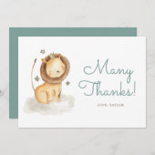 かわいい水色ライオンプリンス誕生日パーティー サンキューカード (正面/裏面)