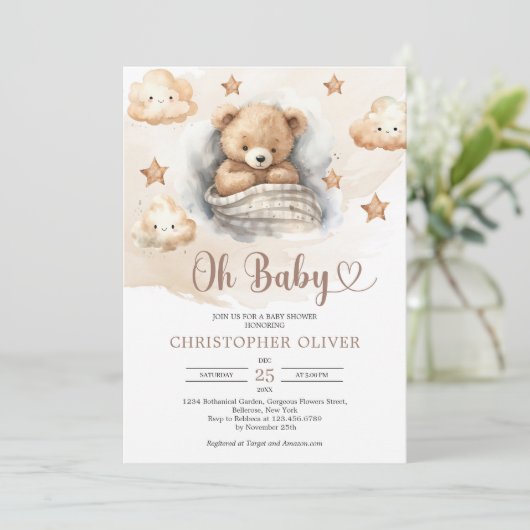 かわいい水色ライトブラウン眠っているテディベア 招待状 (スタンド正面)