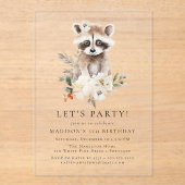 かわいい水色ラクーン冬の誕生日パーティー アクリル招待状 (正面)