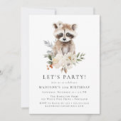 かわいい水色ラクーン冬の誕生日パーティー 招待状 (正面)