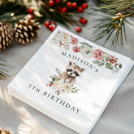 かわいい水色ラクーン誕生日パーティー スタンダードカクテルナプキン