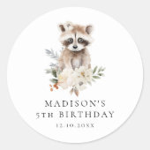 かわいい水色ラクーン誕生日パーティー ラウンドシール (正面)