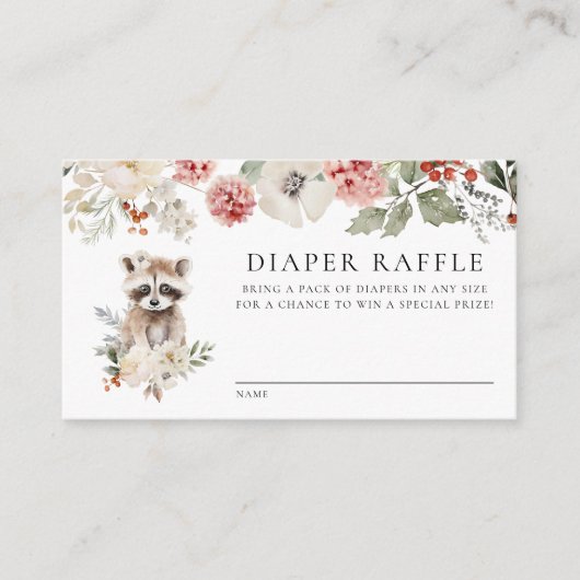 かわいい水色ラクーン赤ちゃんシャワーおむつラッフル エンクロージャーカード (正面)