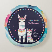 かわいい水色ラママメキシカンベイビーシャワー ラウンドクッション (正面)