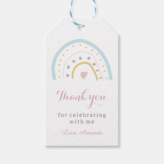 かわいい水色レインボーありがとう誕生日パーティー ギフトタグ (正面)