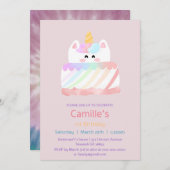 かわいい水色レインボーユニコーンケーキ1歳の誕生日 招待状 (正面/裏面)