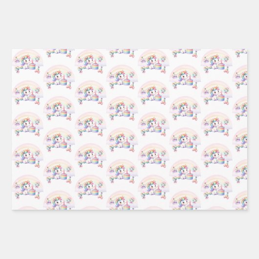 かわいい水色レインボーユニコーン女の子1st誕生日 ラッピングペーパーシート (正面)