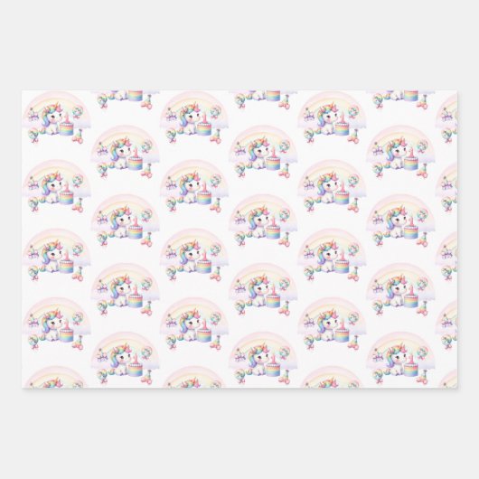 かわいい水色レインボーユニコーン女の子1st誕生日 ラッピングペーパーシート (正面2)