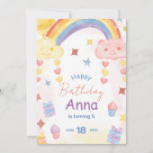 かわいい水色レインボー、太陽と雲誕生日 招待状 (正面)