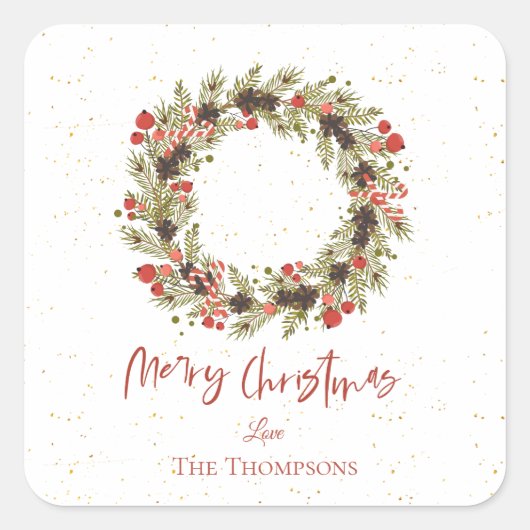 かわいい水色レッドベリーリースメリークリスマス スクエアシール (正面)