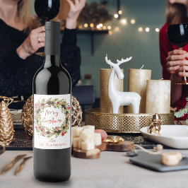 かわいい水色レッドベリーリースメリークリスマス ワインラベル