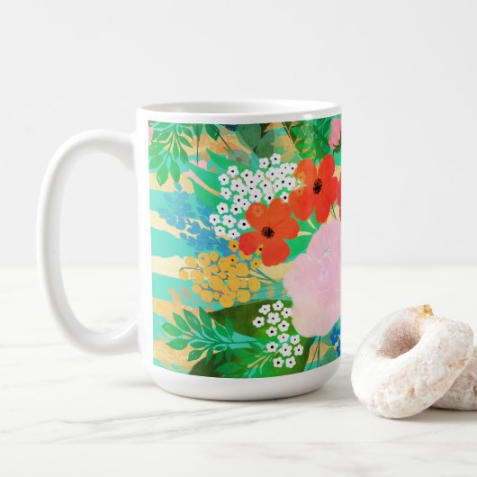 かわいい水色レッド&イエローフローラビスケグリーン コーヒーマグカップ (ドーナツ)