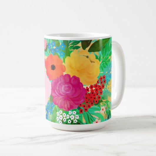 かわいい水色レッド&イエローフローラビスケグリーン コーヒーマグカップ (正面右)