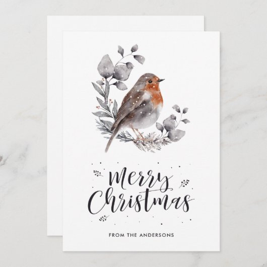 かわいい水色ロビンバードスノークリスマスカード シーズンカード (正面/裏面)