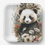 かわいい水色ワイルドフラワーパンダベア誕生日 ペーパープレート (正面)