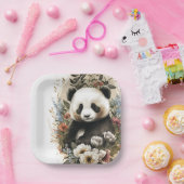 かわいい水色ワイルドフラワーパンダベア誕生日 ペーパープレート (パーティー)