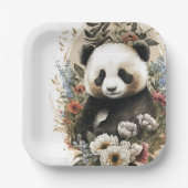 かわいい水色ワイルドフラワーパンダベア誕生日 ペーパープレート (正面)