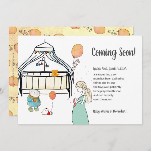 かわいい水色妊娠男の赤ちゃん妊娠 案内状 (正面/裏面)