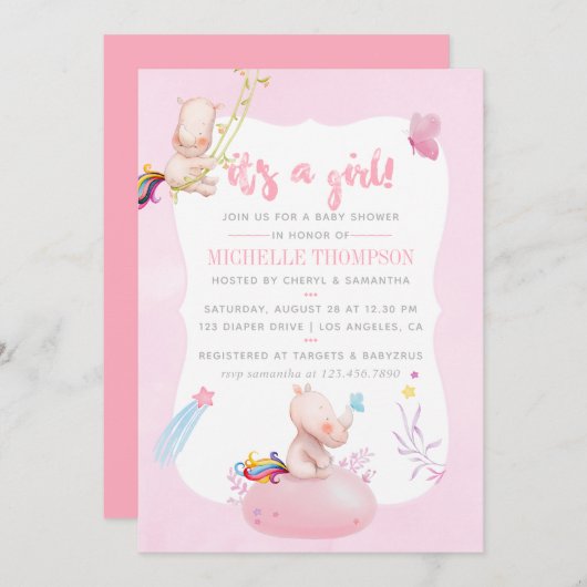 かわいい水色Rhino Unicornベビーガールシャワー 招待状 (正面/裏面)