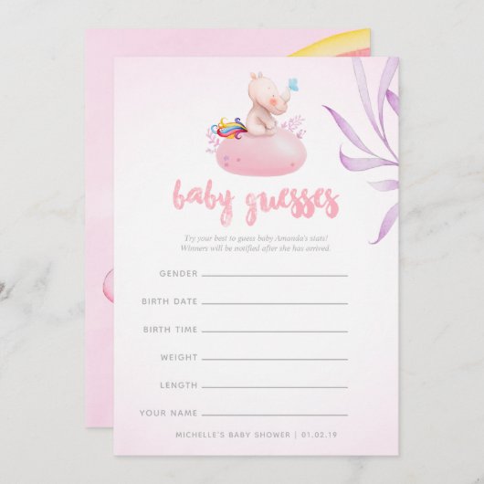 かわいい水色Rhino UnicornベビーガールシャワーInv 招待状 (正面/裏面)