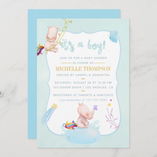 かわいい水色Rhino Unicorn男の赤ちゃんシャワー 招待状 (正面/裏面)