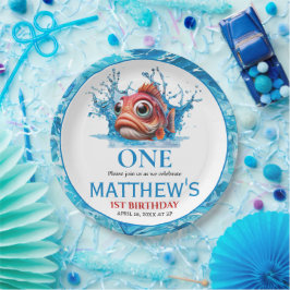 かわいい水青の魚1日の誕生日 ペーパープレート